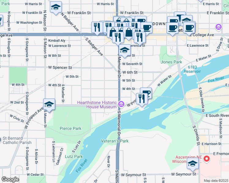 map of restaurants, bars, coffee shops, grocery stores, and more near 715 West 4th Street in Appleton