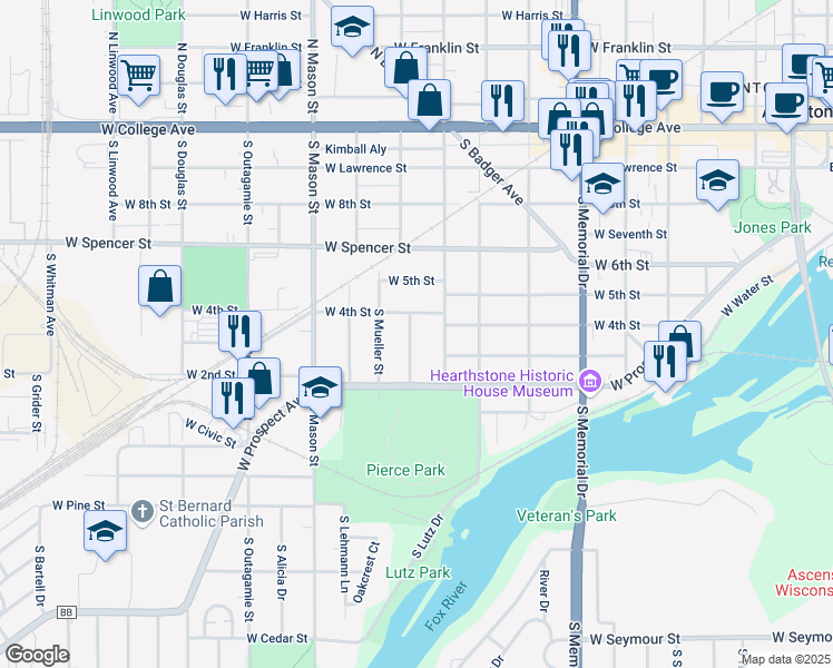 map of restaurants, bars, coffee shops, grocery stores, and more near 708 South Summit Street in Appleton