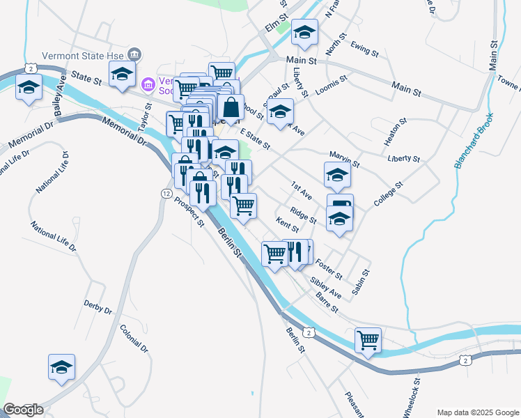 map of restaurants, bars, coffee shops, grocery stores, and more near 104 Barre Street in Montpelier