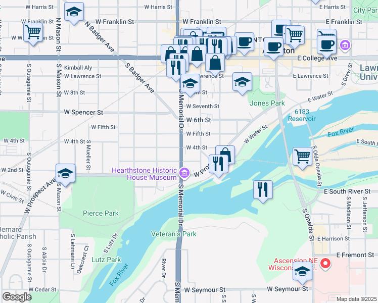 map of restaurants, bars, coffee shops, grocery stores, and more near 617 West 4th Street in Appleton