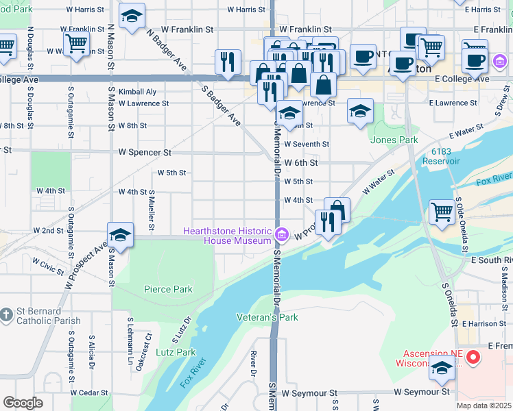 map of restaurants, bars, coffee shops, grocery stores, and more near 715 West 4th Street in Appleton