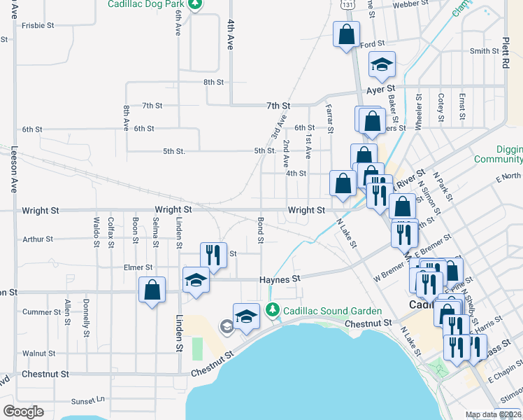 map of restaurants, bars, coffee shops, grocery stores, and more near 399 Wright St in Cadillac