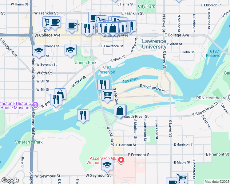 map of restaurants, bars, coffee shops, grocery stores, and more near 677 South Olde Oneida Street in Appleton
