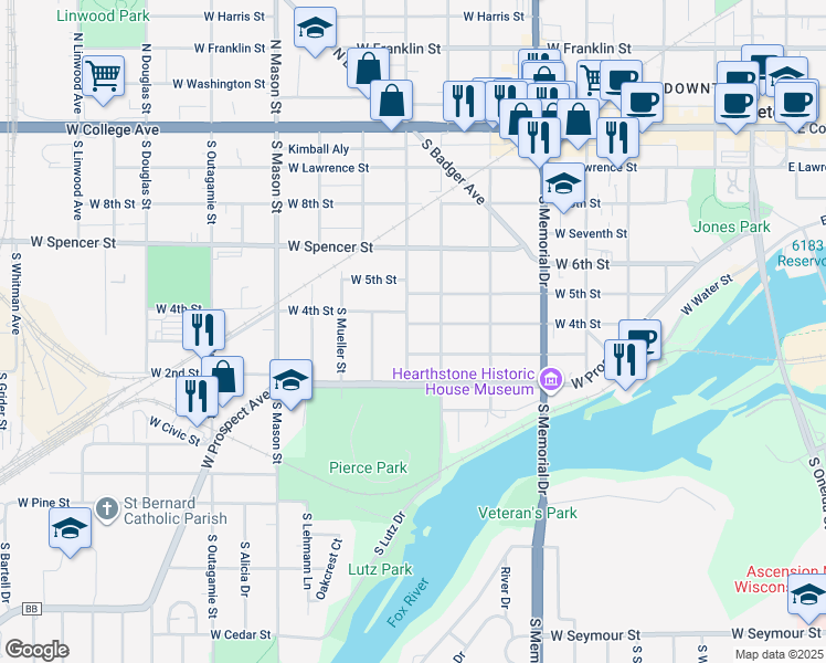 map of restaurants, bars, coffee shops, grocery stores, and more near 931 West 4th Street in Appleton