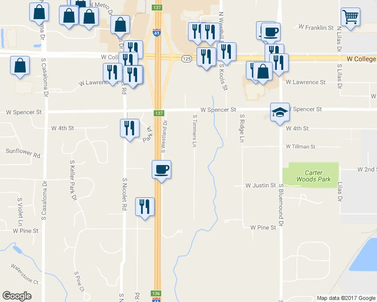 map of restaurants, bars, coffee shops, grocery stores, and more near 677 South Timmers Lane in Appleton