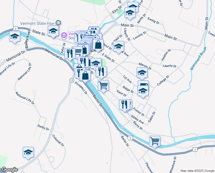 map of restaurants, bars, coffee shops, grocery stores, and more near 104 Barre Street in Montpelier