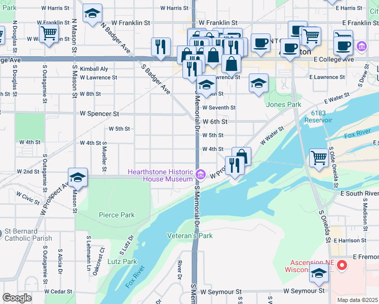 map of restaurants, bars, coffee shops, grocery stores, and more near 715 West 4th Street in Appleton