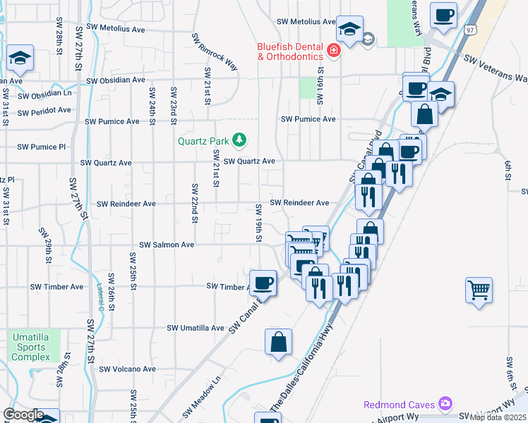 map of restaurants, bars, coffee shops, grocery stores, and more near 2141 Southwest Canyon Drive in Redmond