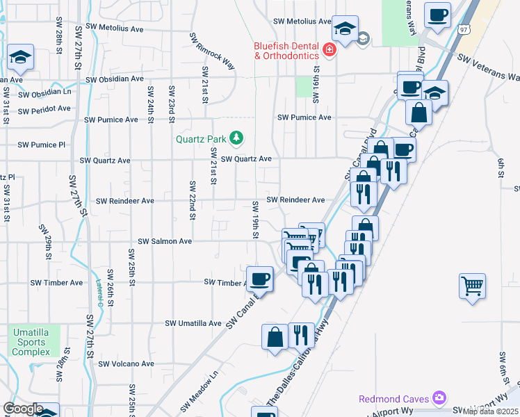 map of restaurants, bars, coffee shops, grocery stores, and more near 2151 Southwest 19th Street in Redmond