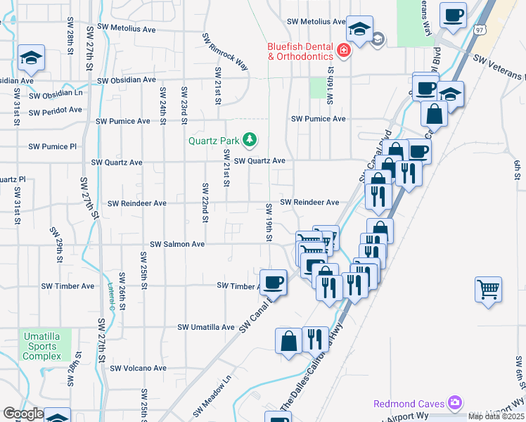 map of restaurants, bars, coffee shops, grocery stores, and more near 2151 Southwest 19th Street in Redmond