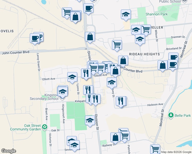 map of restaurants, bars, coffee shops, grocery stores, and more near 356 Elliott Avenue in Kingston