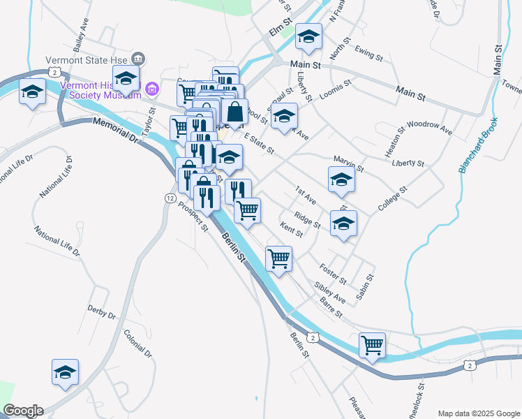 map of restaurants, bars, coffee shops, grocery stores, and more near 104 Barre Street in Montpelier