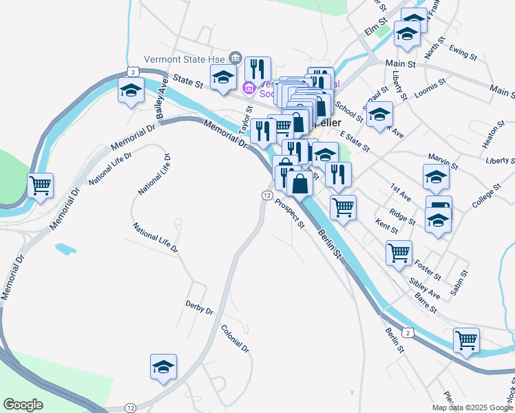 map of restaurants, bars, coffee shops, grocery stores, and more near 39 Northfield Street in Montpelier