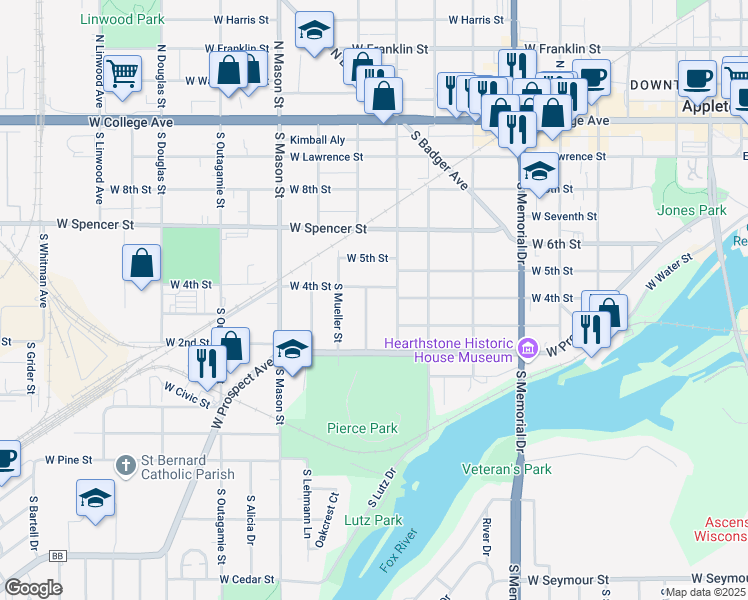 map of restaurants, bars, coffee shops, grocery stores, and more near 708 South Summit Street in Appleton