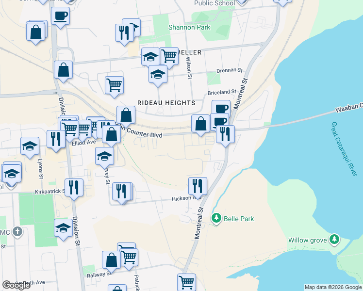 map of restaurants, bars, coffee shops, grocery stores, and more near 70 Maple Street in Kingston