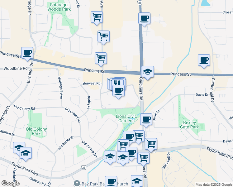 map of restaurants, bars, coffee shops, grocery stores, and more near 945 Gardiners Road in Kingston