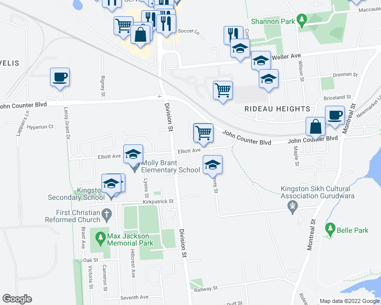 map of restaurants, bars, coffee shops, grocery stores, and more near 336 Elliott Avenue in Kingston