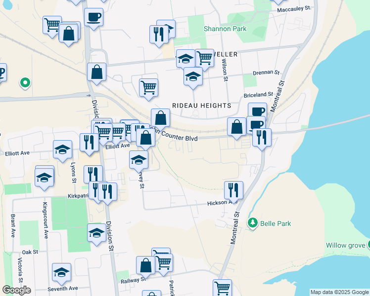 map of restaurants, bars, coffee shops, grocery stores, and more near 830 John Counter Boulevard in Kingston