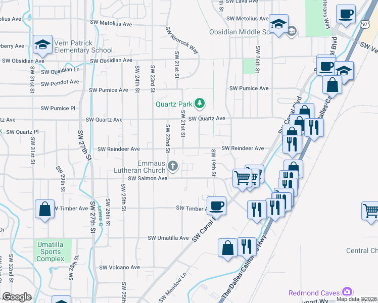 map of restaurants, bars, coffee shops, grocery stores, and more near 1930 Southwest Reindeer Avenue in Redmond