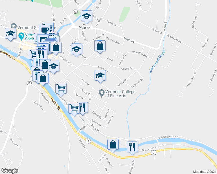 map of restaurants, bars, coffee shops, grocery stores, and more near 110 East State Street in Montpelier