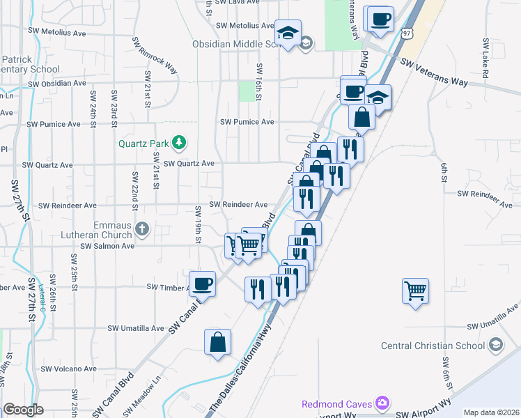 map of restaurants, bars, coffee shops, grocery stores, and more near 2165 Southwest Canal Boulevard in Redmond