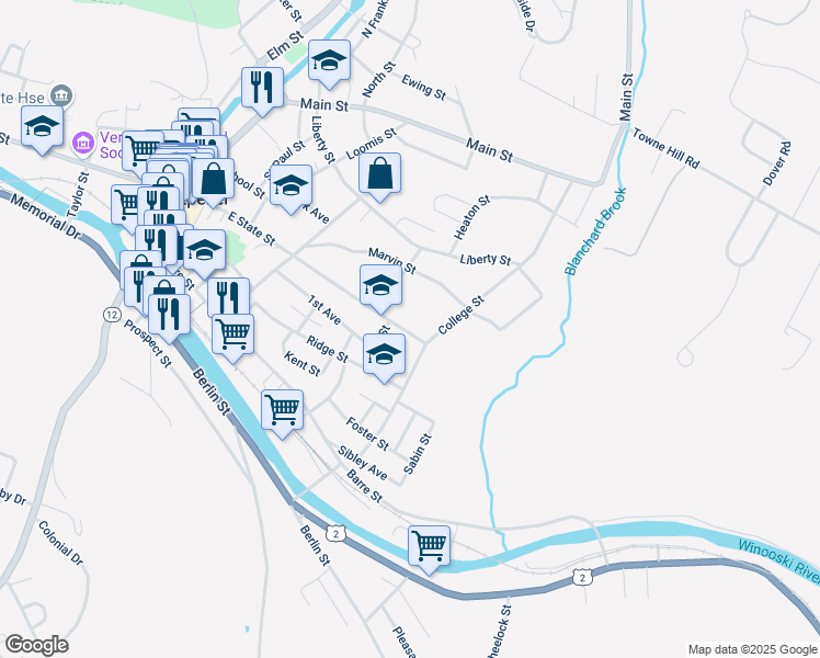 map of restaurants, bars, coffee shops, grocery stores, and more near 110 East State Street in Montpelier