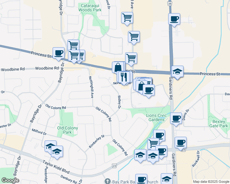 map of restaurants, bars, coffee shops, grocery stores, and more near 763 Ridley Drive in Kingston