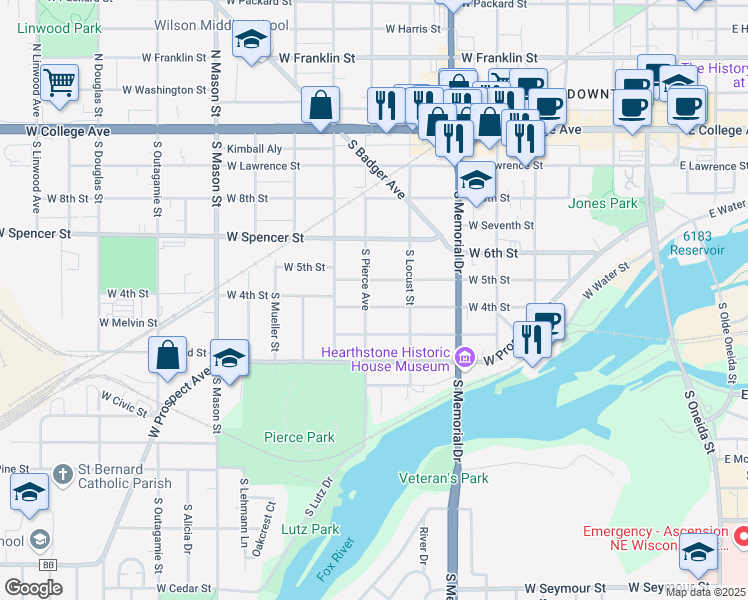 map of restaurants, bars, coffee shops, grocery stores, and more near 838 West 4th Street in Appleton