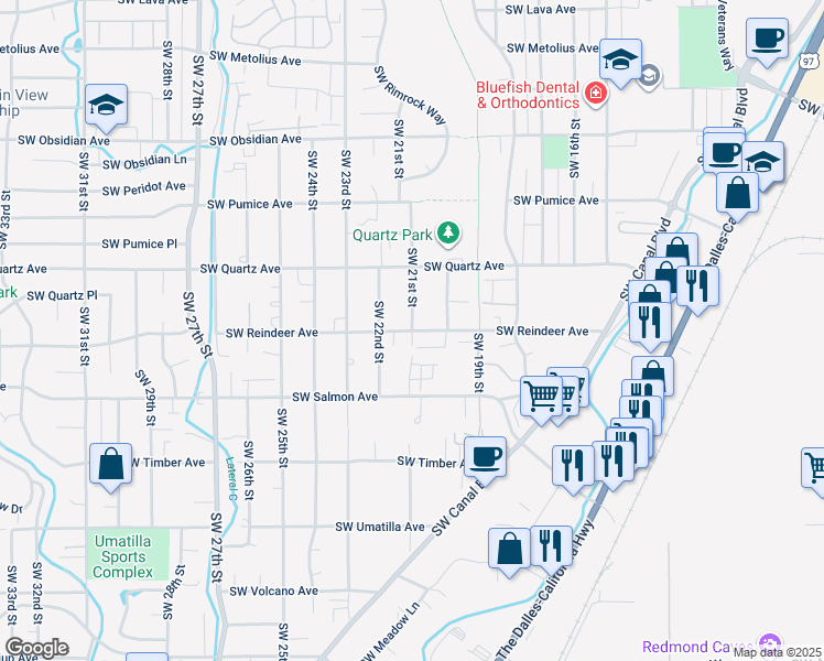 map of restaurants, bars, coffee shops, grocery stores, and more near Southwest Reindeer Avenue in Redmond