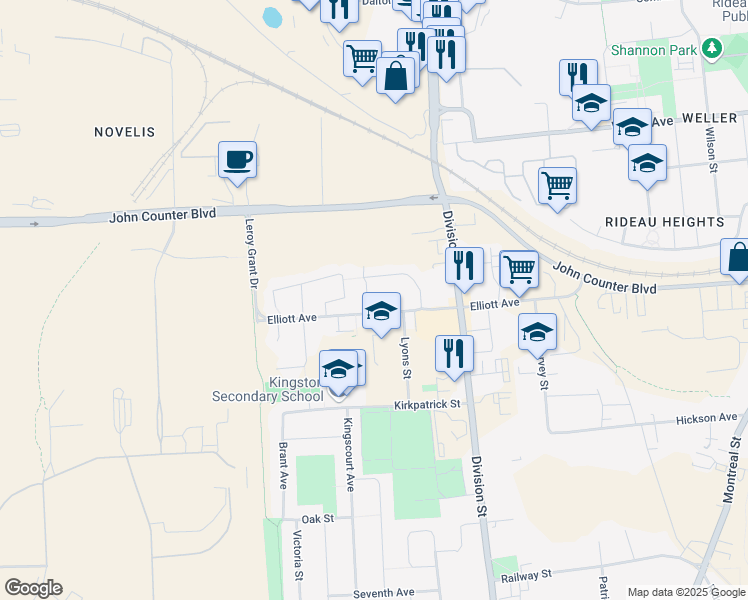 map of restaurants, bars, coffee shops, grocery stores, and more near 460 Elliott Avenue in Kingston