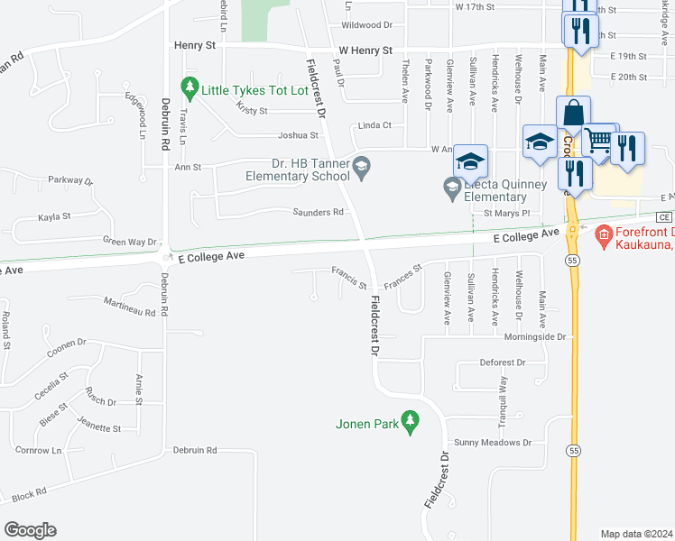 map of restaurants, bars, coffee shops, grocery stores, and more near 2712 Garners Creek Court in Kaukauna