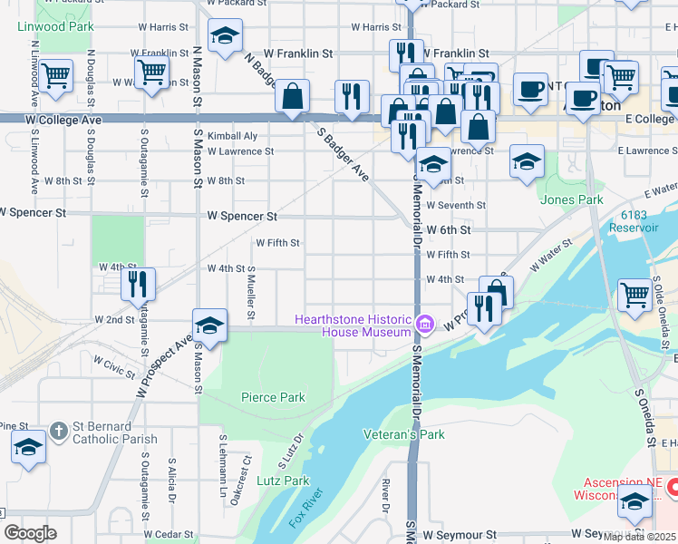 map of restaurants, bars, coffee shops, grocery stores, and more near 704 South Pierce Avenue in Appleton