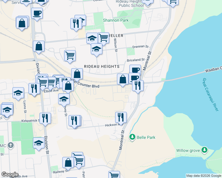 map of restaurants, bars, coffee shops, grocery stores, and more near 70 Maple Street in Kingston