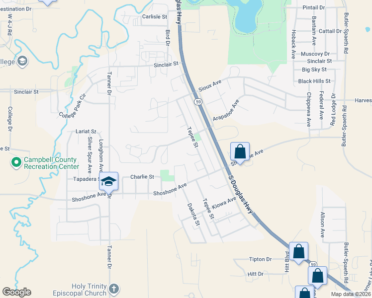 map of restaurants, bars, coffee shops, grocery stores, and more near 4211 Sky Hi Court in Gillette