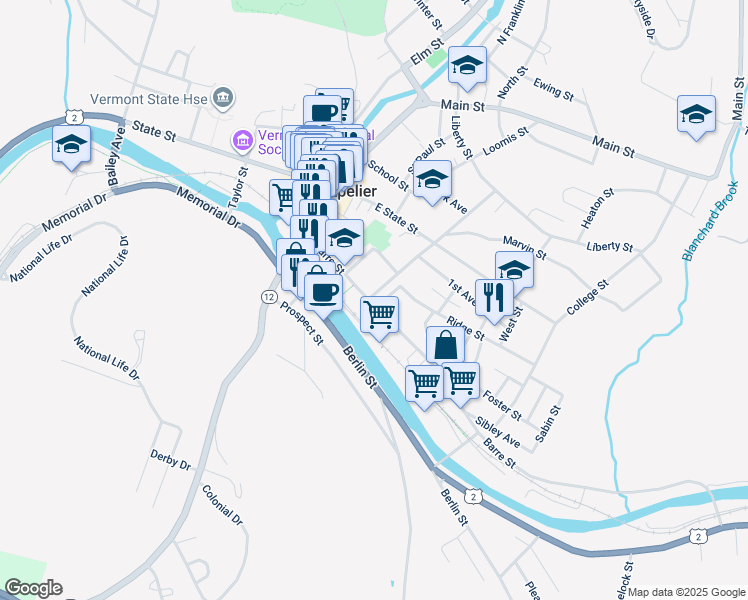 map of restaurants, bars, coffee shops, grocery stores, and more near 78 Hubbard Street in Montpelier