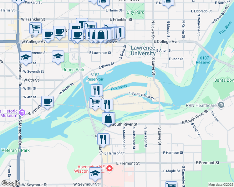 map of restaurants, bars, coffee shops, grocery stores, and more near 218 East South Island Street in Appleton