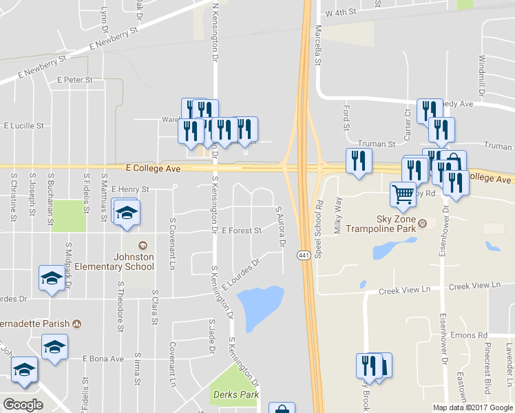 map of restaurants, bars, coffee shops, grocery stores, and more near 3412 East Canary Street in Appleton