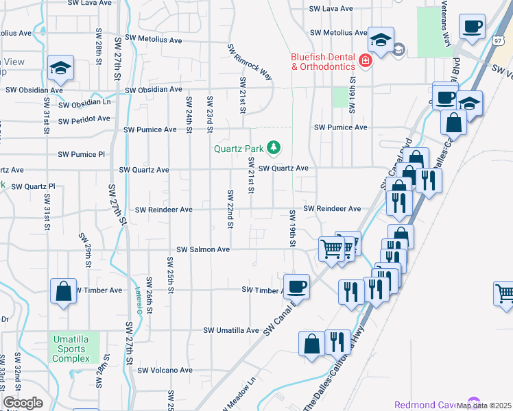 map of restaurants, bars, coffee shops, grocery stores, and more near 1930 Southwest Reindeer Avenue in Redmond