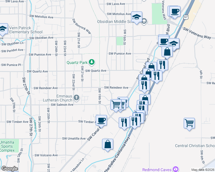 map of restaurants, bars, coffee shops, grocery stores, and more near 1817 Southwest Reindeer Avenue in Redmond