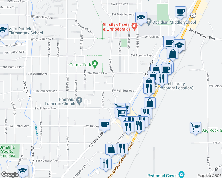map of restaurants, bars, coffee shops, grocery stores, and more near 1815 Southwest Reindeer Avenue in Redmond