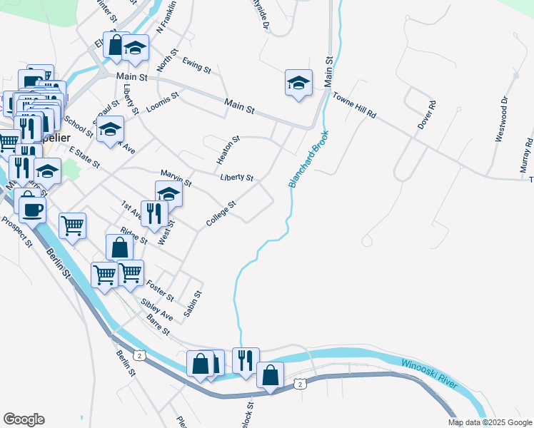 map of restaurants, bars, coffee shops, grocery stores, and more near 91 College Street in Montpelier