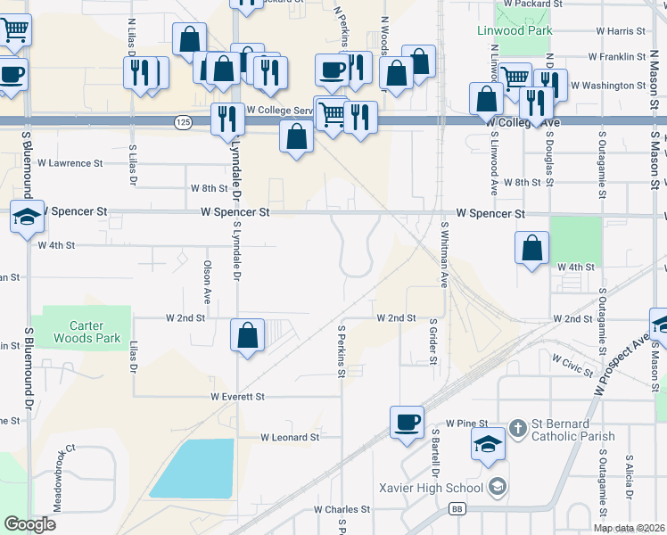 map of restaurants, bars, coffee shops, grocery stores, and more near 81 Spencer Village Court in Appleton