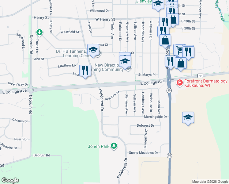 map of restaurants, bars, coffee shops, grocery stores, and more near 502 Frances Street in Kaukauna