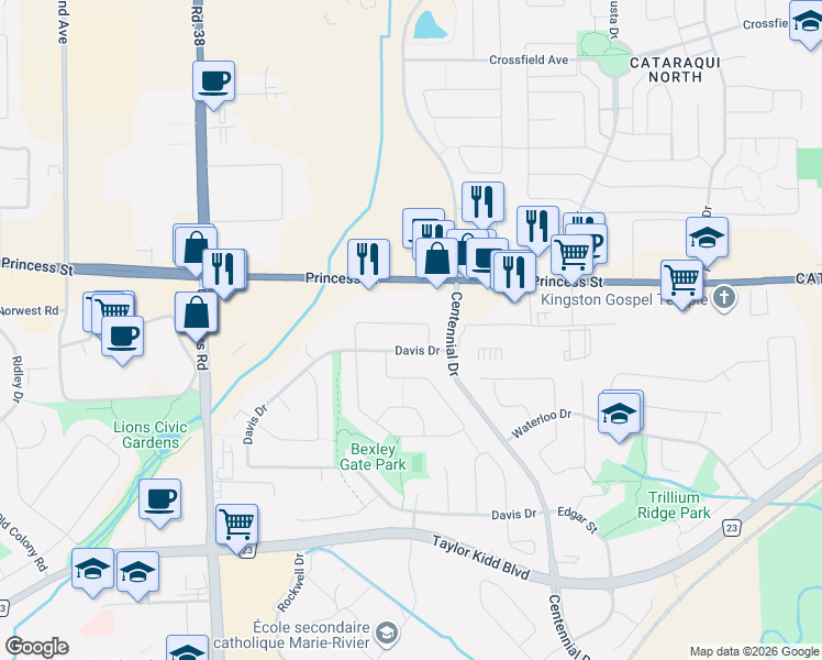 map of restaurants, bars, coffee shops, grocery stores, and more near 937 Killarney Crescent in Kingston