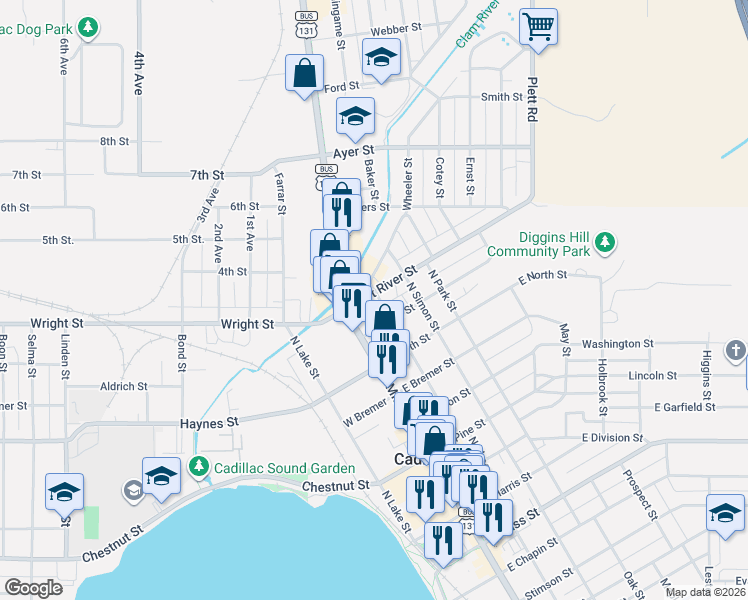 map of restaurants, bars, coffee shops, grocery stores, and more near 802 North Mitchell Street in Cadillac