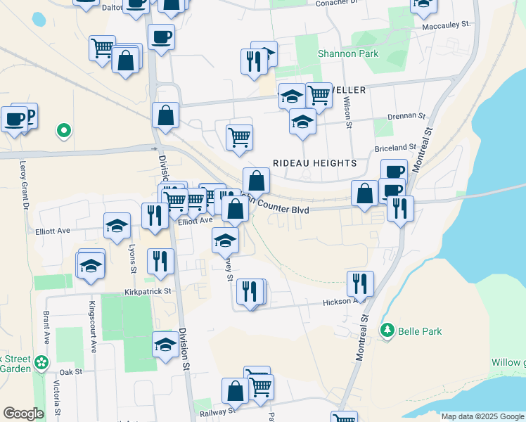 map of restaurants, bars, coffee shops, grocery stores, and more near 850 John Counter Boulevard in Kingston