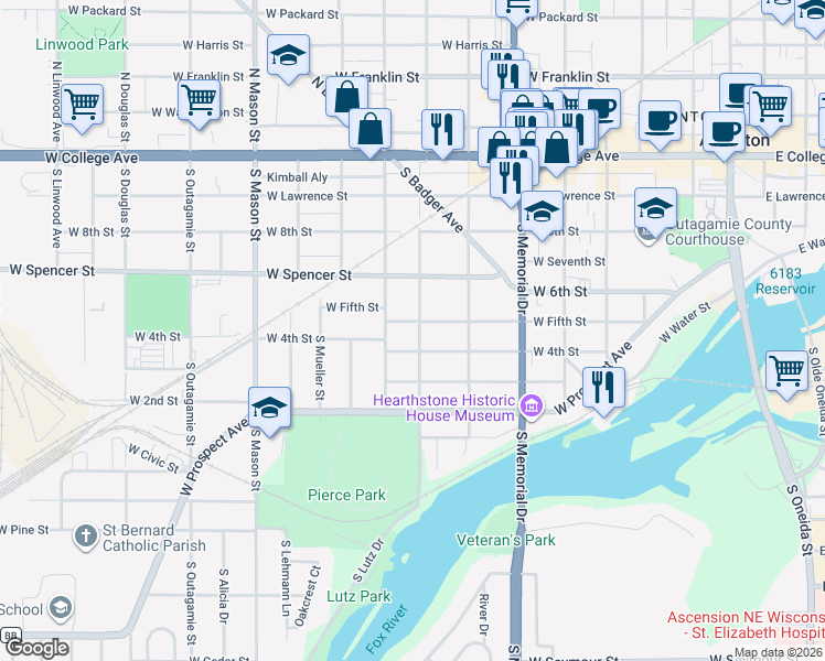 map of restaurants, bars, coffee shops, grocery stores, and more near 840 West 5th Street in Appleton