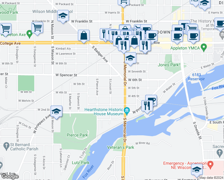 map of restaurants, bars, coffee shops, grocery stores, and more near 743 West 5th Street in Appleton