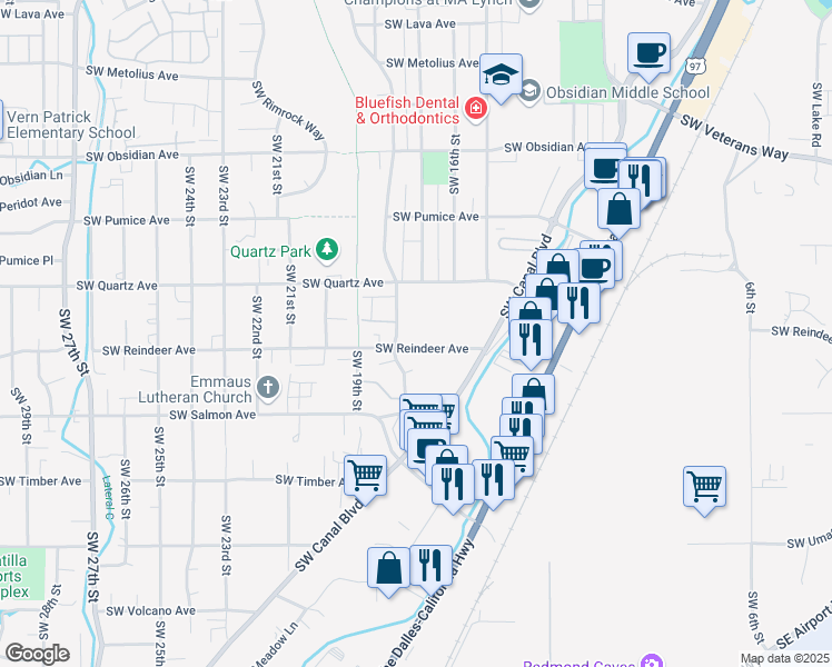 map of restaurants, bars, coffee shops, grocery stores, and more near 1942 Southwest Canyon Drive in Redmond