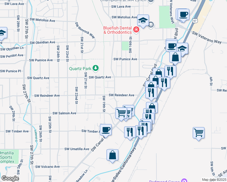 map of restaurants, bars, coffee shops, grocery stores, and more near 2013 Southwest Canyon Drive in Redmond